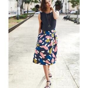Boden A Line Midi Skirt Womens 6R Navy Pink Artsy Pleated Cotton Colorful